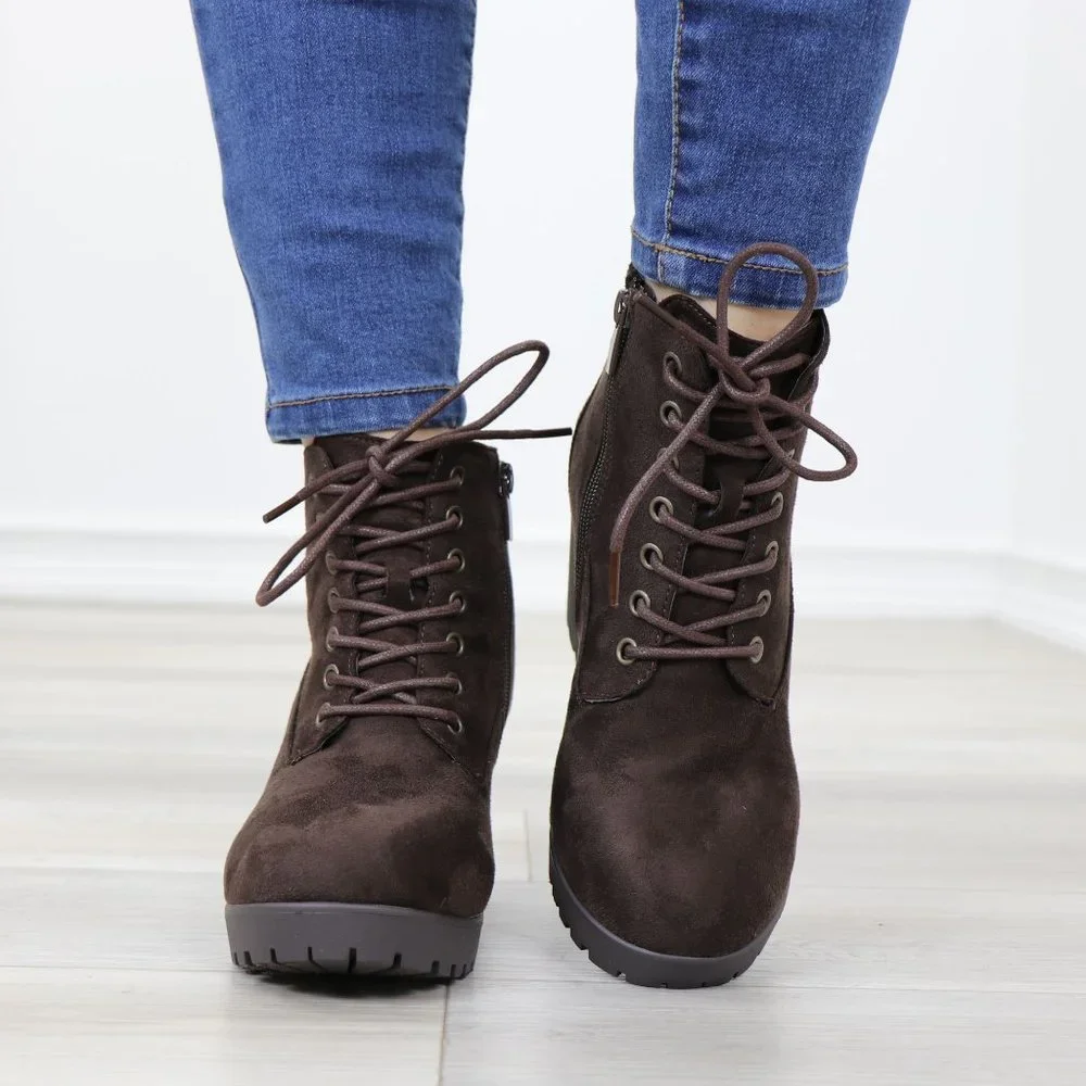Brown Faux Suede Lace-Up Lug Chunky Block High Heel Ankle Boots - Picture 9 of 12